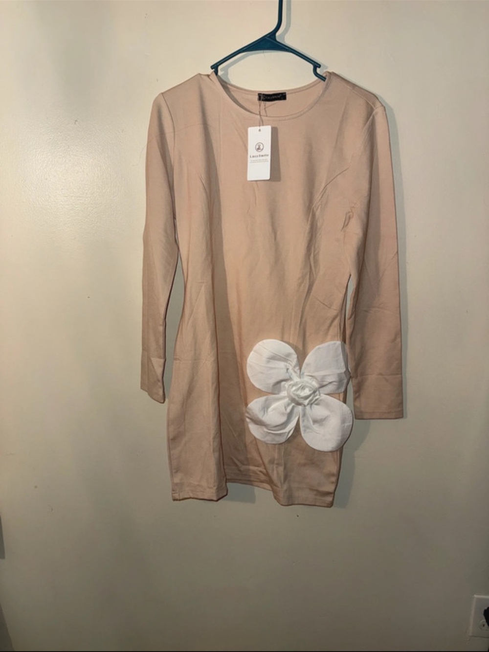 Woman's Long-Sleeve Pink Floral Appliqué Dress
